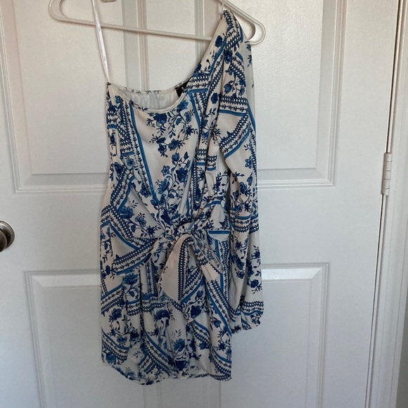 Lulus One Shoulder Blue and White Romper - Picture 3 of 4